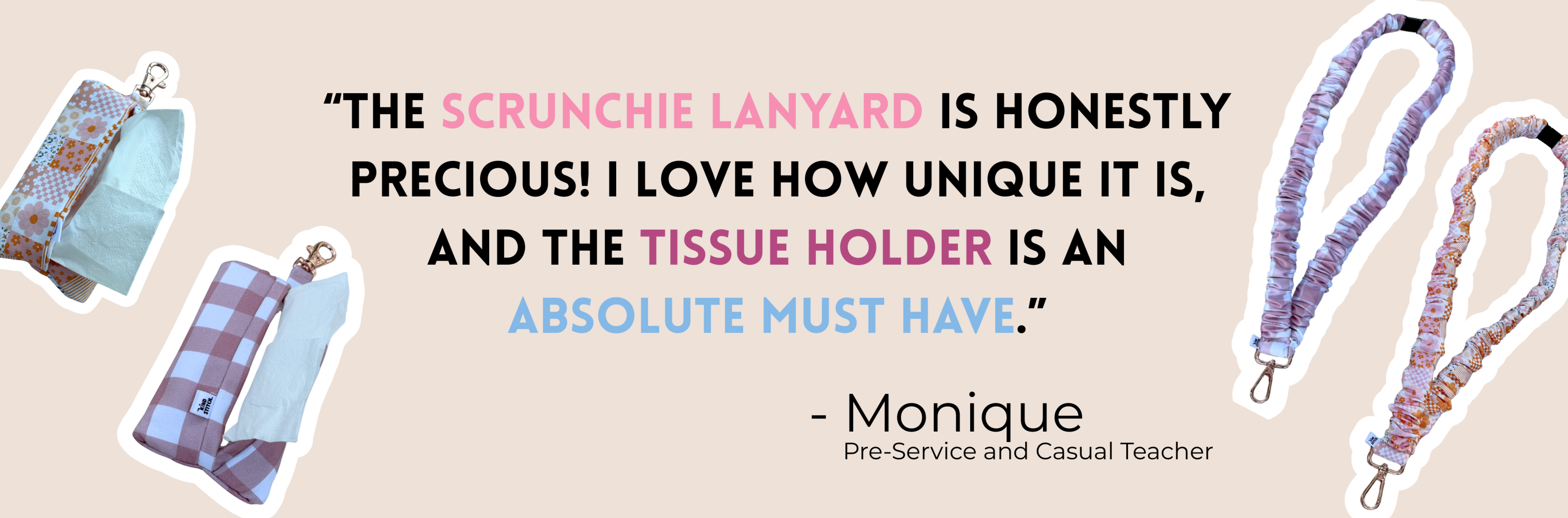 Scrunchie lanyard with text and product images on a beige background